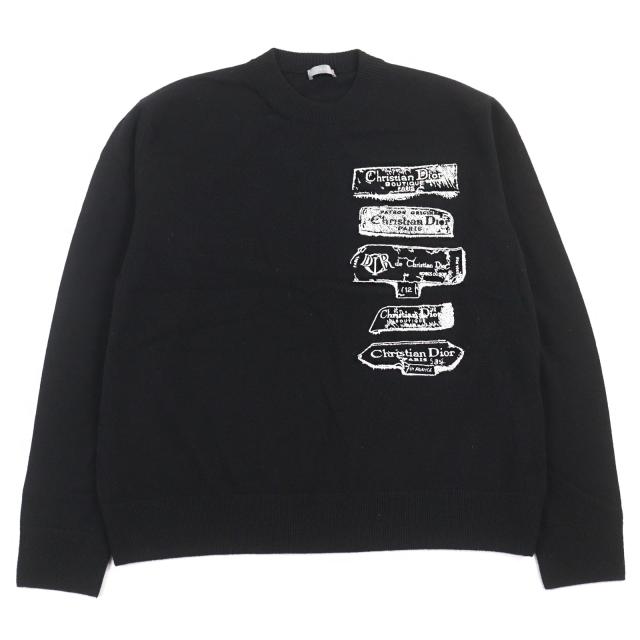 美品○DIOR ディオール オム 25SS 513M663A2007 ウール100% Archives Labels刺繍 ロゴ入り クルーネック ニット 黒系 L 正規品 メンズ