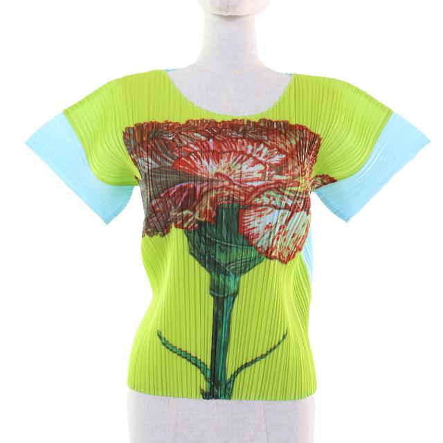 極美品☆PLEATS PLEASE プリーツプリーズ イッセイミヤケ PP06-JK110 カーネーション 半袖 カットソー マルチ 3 正規品 レディース