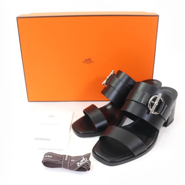 極美品☆HERMES エルメス キュート シルバー金具 2025年購入 グレナン金具 レザー サンダル ブラック 35 箱付き イタリア製 レディース_1