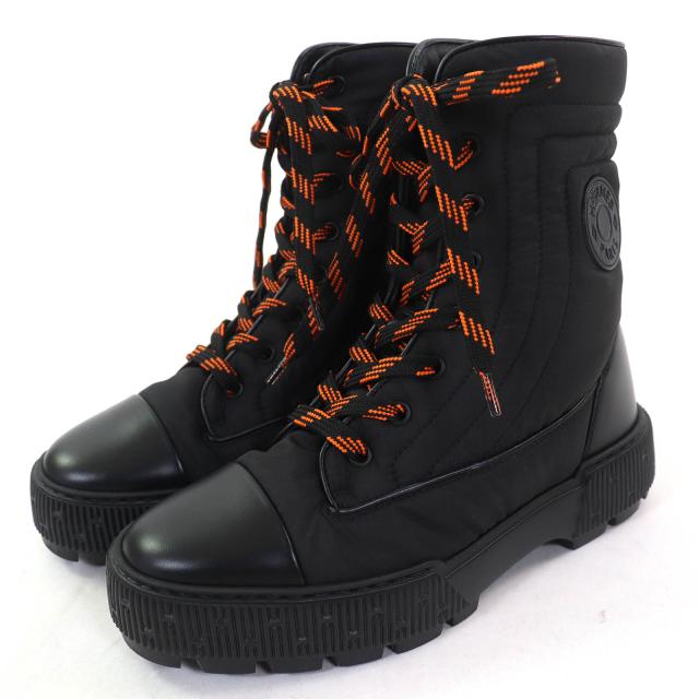 極美品△HERMES エルメス FRESH フレッシュ パラシュートファブリック クルードセルパッチ レザー使 レースアップ ショートブーツ 黒 37