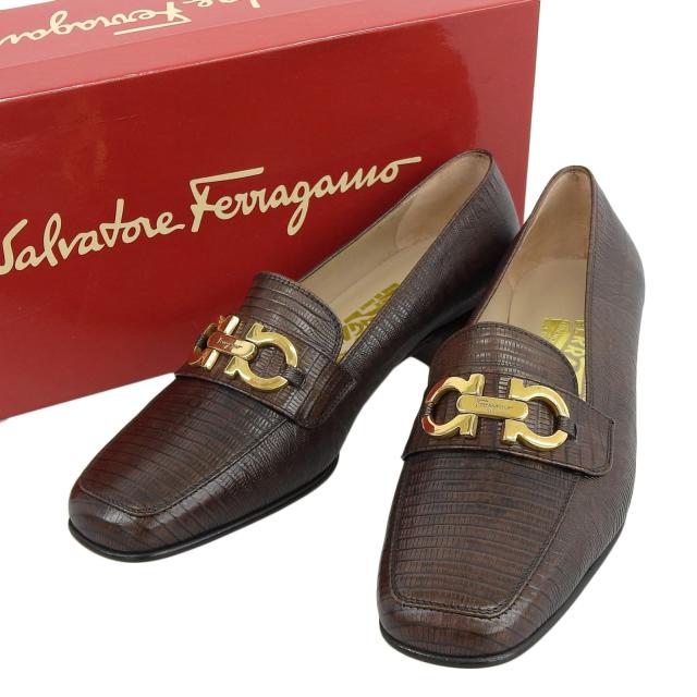 未使用品▲Salvatore Ferragamo サルヴァトーレフェラガモ FOREVER 型押しレザー ダブルガンチーニ パンプス ブラウン ゴールド金具 6.5_1