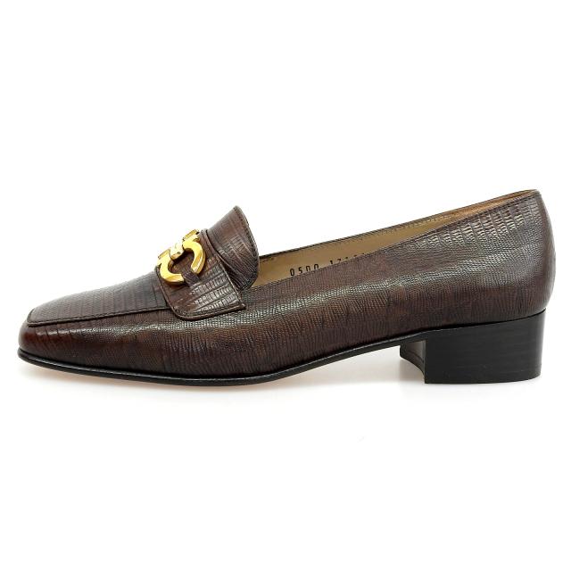 未使用品▲Salvatore Ferragamo サルヴァトーレフェラガモ FOREVER 型押しレザー ダブルガンチーニ パンプス ブラウン ゴールド金具 6.5_2