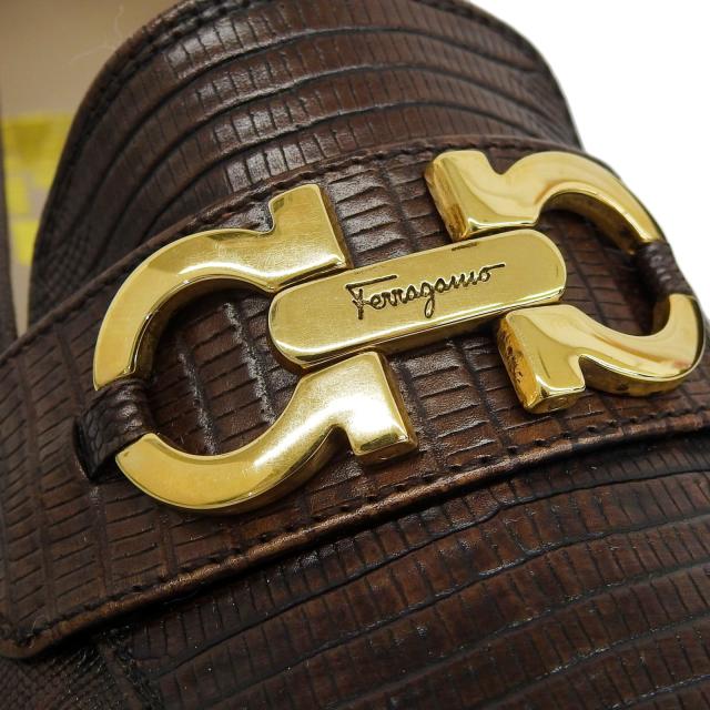 未使用品▲Salvatore Ferragamo サルヴァトーレフェラガモ FOREVER 型押しレザー ダブルガンチーニ パンプス ブラウン ゴールド金具 6.5_6