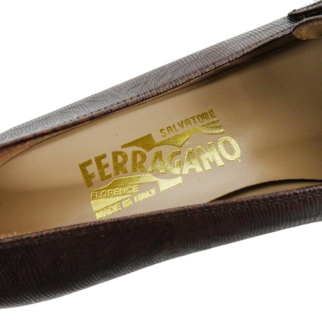 未使用品▲Salvatore Ferragamo サルヴァトーレフェラガモ FOREVER 型押しレザー ダブルガンチーニ パンプス ブラウン ゴールド金具 6.5_7