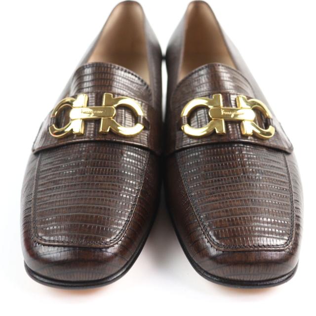 未使用品▲Salvatore Ferragamo サルヴァトーレフェラガモ FOREVER 型押しレザー ダブルガンチーニ パンプス ブラウン ゴールド金具 6.5_3