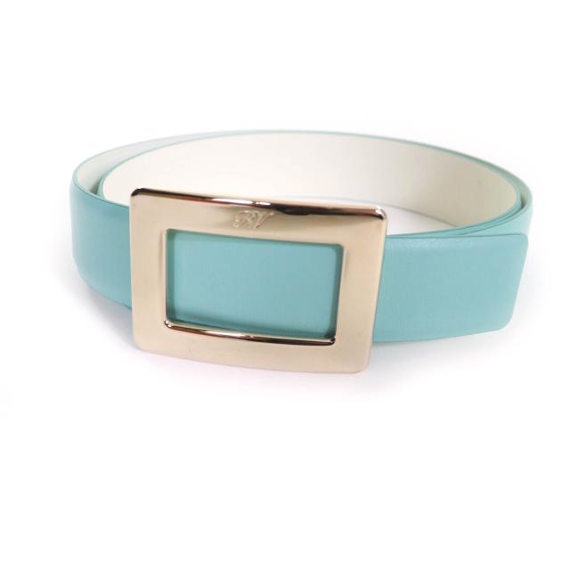 極美品★ROGER VIVIER ロジェヴィヴィエ ロゴ入り スクエアバックル レザー ベルト ライトブルー 保存袋付き レディース