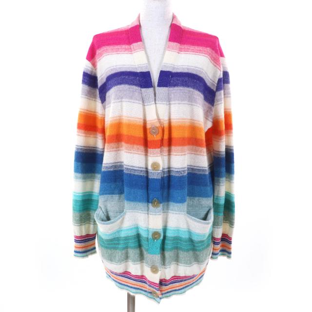 極美△LOEWE×Paulas Ibiza ロエベ×パウラズイビザ S616333X63 リネン モヘア ロゴ刺繍 ボーダー Vネック 長袖カーディガン M 伊製 正規品