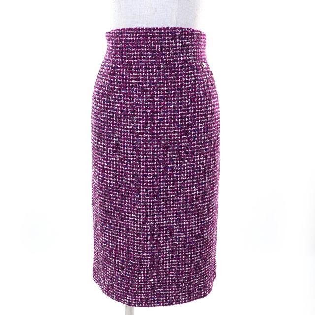 美品△CHANEL シャネル 09P P35515 ココマークプレート コットンツイード タイトスカート パープル系 44 フランス製 レディース