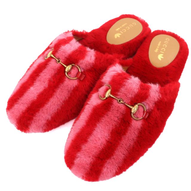 未使用品△GUCCI×adidas グッチ×アディダス 722442 ホースビット ストライプ ファー レザー ミュール レッド ピンク 35.5 保存袋付 伊製