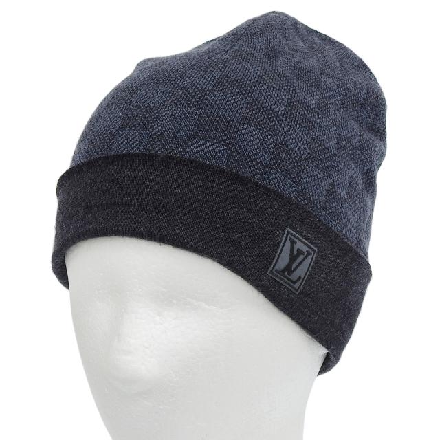 ルイヴィトン　ニットキャップ　ダミエ　レザーパッチ　ノワール　ウール　黒 ルイヴィトン ニットキャップ ダミエ レザーパッチ ノワール ウール 黒