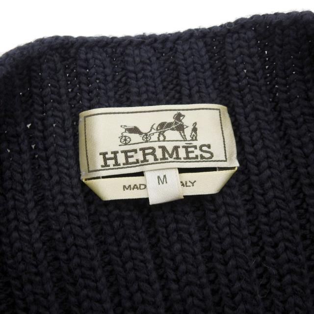 美品▲HERMES エルメス 2021年製 コットン100％ レザー編み込み モックネック 長袖 ニット ネイビー M イタリア製 正規品 メンズ_6