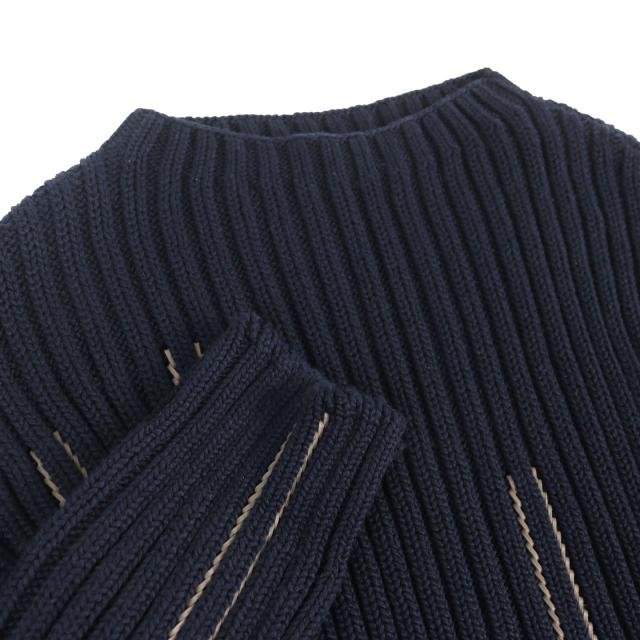 美品▲HERMES エルメス 2021年製 コットン100％ レザー編み込み モックネック 長袖 ニット ネイビー M イタリア製 正規品 メンズ_2