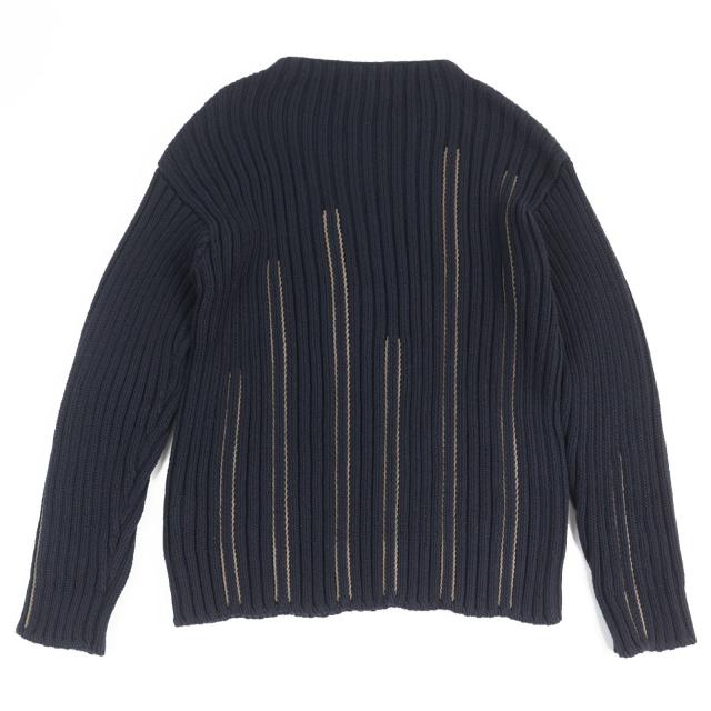 美品▲HERMES エルメス 2021年製 コットン100％ レザー編み込み モックネック 長袖 ニット ネイビー M イタリア製 正規品 メンズ_1