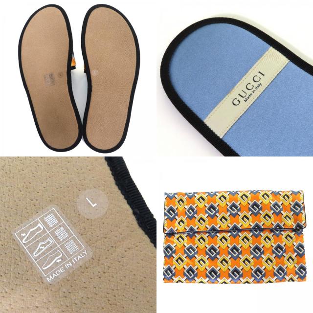 未使用△GUCCI グッチ シルク ジオメトリックG トラベルセット アイマスク エアピロー スリッパ 3点セット オレンジ イエロー ブルー L 未使用△GUCCI グッチ シルク ジオメトリックG トラベルセット アイ