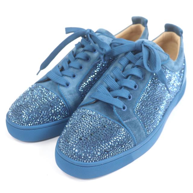 未使用品□Christian Louboutin クリスチャンルブタン ルイスジュニア スウェードレザー スワロフスキー スニーカー ブルー 42.5 EU製