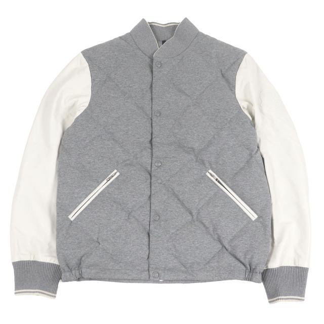 極美品□MONCLER モンクレール 23SS CHARENTE GIUBBOTTO ロゴエンボス 袖ラムレザー スタジャン ブルゾン グレー 1 イタリア製 正規品