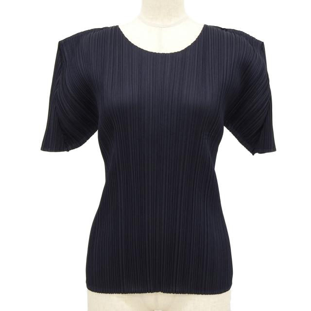 極美品▲PLEATS PLEASE プリーツプリーズ イッセイミヤケ PP05-JK004 クルーネック 半袖 カットソー ブラック 3 日本製 正規品 レディース