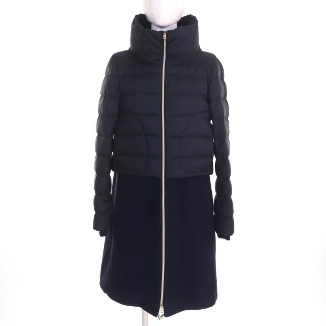 美品△Herno ヘルノ 2020年製 PI1214D ロゴプレート スタンドカラー ウール切替 ZIP UP ロング ダウンコート ネイビー 40 伊製 正規品