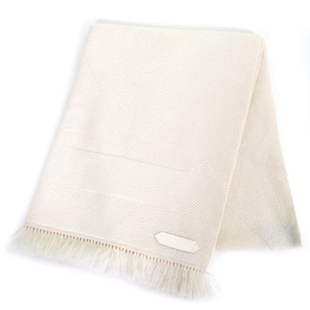 極美品△HERMES エルメス シェヴロンズーム カシミヤ100％ レザーロゴパッチ付き フリンジ ショール マフラー ストール アイボリー