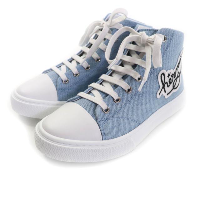 未使用品★HERMES エルメス YZ064379 イリコ ロゴワッペン付 レースアップ デニム レザー ハイカットスニーカー インディゴ 37 箱・袋付