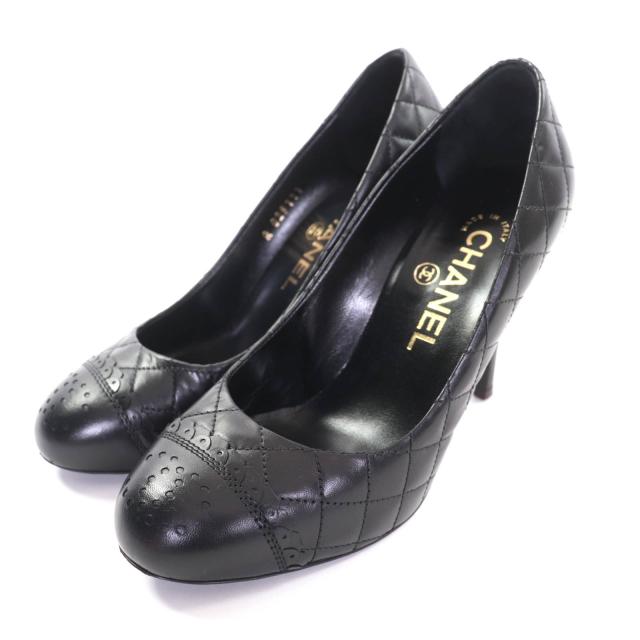 美品★CHANEL シャネル G29111 パンチングココマーク マトラッセ アーモンドトゥ レザー パンプス ブラック 35.5 イタリア製 レディース