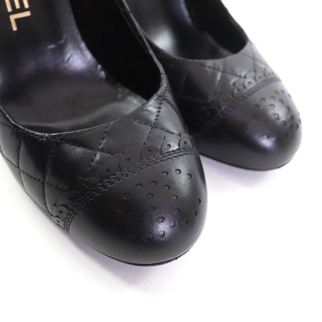 美品★CHANEL シャネル G29111 パンチングココマーク マトラッセ アーモンドトゥ レザー パンプス ブラック 35.5 イタリア製 レディース_6