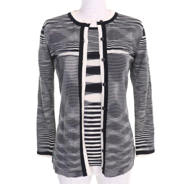 極美品△Missoni ミッソーニ ウール100％ マルチボーダー ニット カーディガン 半袖トップス  アンサンブル 黒 白 42/40 伊製 正規品