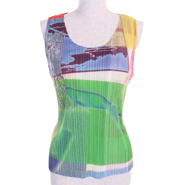 極美品△PLEATS PLEASE プリーツプリーズ イッセイミヤケ PP12-JK611 総柄 ノースリーブ カットソー トップス マルチカラー 3 正規品