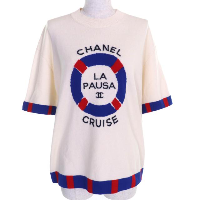 極美品△CHANEL シャネル P60520 カシミヤ100％ LA PAUSA ココマーク ロゴ 半袖ニット アイボリー ブルー レッド 38 英国製 正規品