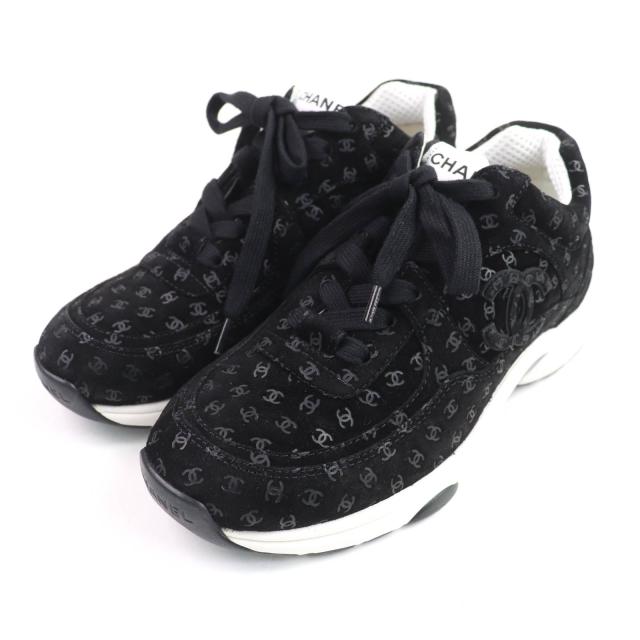 極美品★CHANEL シャネル G39230 総ココマーク柄 レースアップ スウェードレザー スニーカー ブラック 37 保存袋付き 伊製 レディース 72,600円