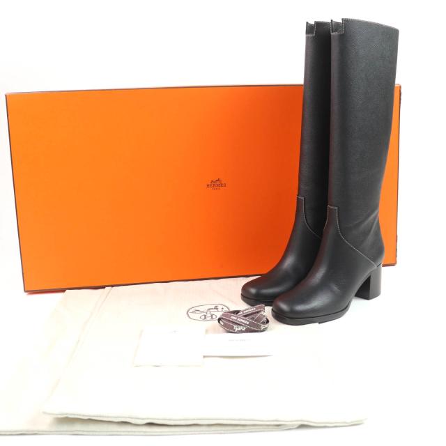 未使用品☆HERMES エルメス 22AW フーレ60 チャンキーヒール レザー ロングブーツ ブラック 36 保存袋付き イタリア製 レディース_1