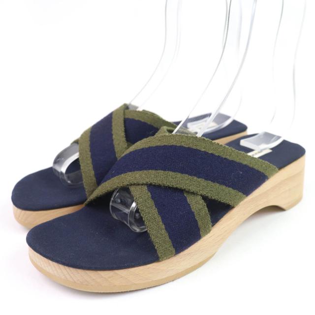 極美品☆HERMES エルメス フールトゥ キャンバス ウッド サンダル ネイビー 36 保存袋付き スペイン製 レディース