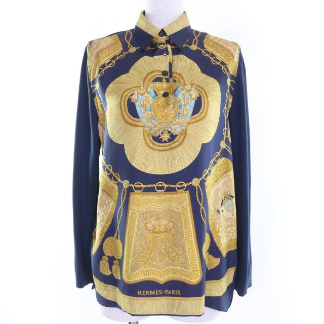 良品☆HERMES エルメス シルク コットン カシミヤ Hロゴボタン ツイルレーヌ ニット 長袖シャツ ネイビー系 XS イタリア製 レディース