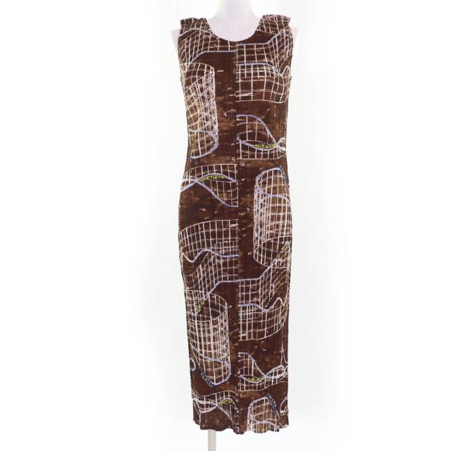 極美品☆PLEATS PLEASE プリーツプリーズ イッセイミヤケ PP43-JH586 ジェットコースター柄 ノースリーブ ワンピース ブラウン 2 正規品