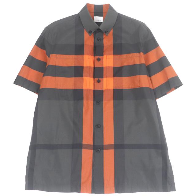 極美品□BURBERRY バーバリー 8041532 チェック ボタンダウン ロゴボタン ショートスリーブ 半袖シャツ グレー オレンジ S 正規品 メンズ