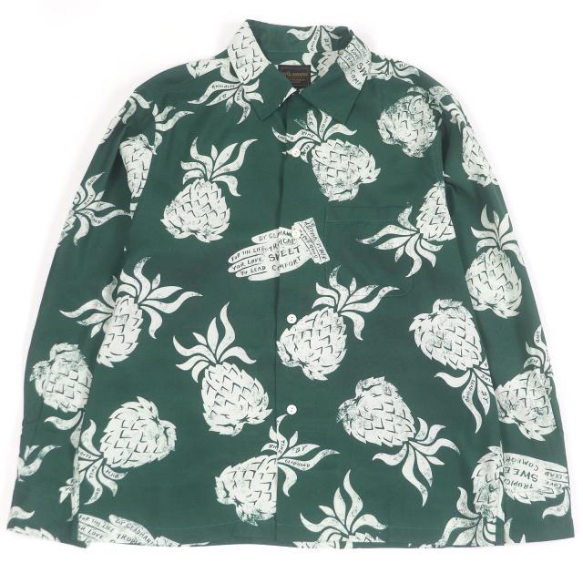 極美品□BY GLAD HAND バイグラッドハンド パイナップル 総柄 ロングスリーブ アロハシャツ 長袖シャツ グリーン M イタリア製 正規品