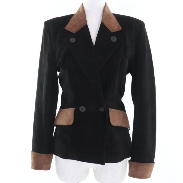 良品☆HERMES エルメス ヴィンテージ ロゴボタン バイカラー スウェードレザー テーラードジャケット ブラック ブラウン 36 レディース