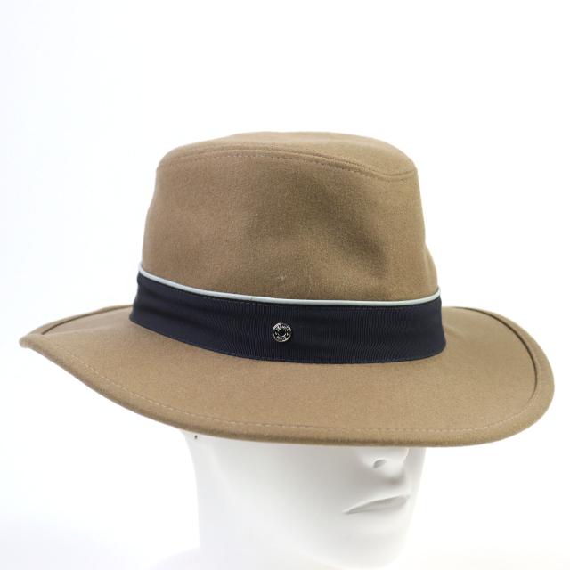 極美品○HERMES エルメス カシミヤ100% 羊革 セリエボタン レザー使い 裏地Hロゴ総柄 フエルトハット ベージュ系 57 仏製　正規品 メンズ