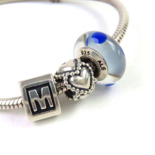 美品△PANDORA パンドラ SV925 ハートモチーフ ドットカラーストーン チャーム3個 ブレスレット シルバー 重量23.36g レディース_2