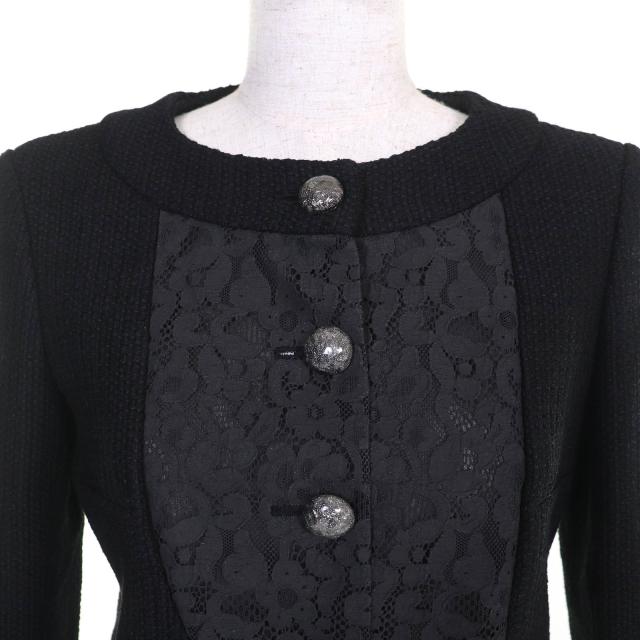 極美品△CHANEL シャネル P51026/P51112 ココボタン レース使い コットンツイード ノーカラージャケット スカート セットアップ 黒 36/38_3