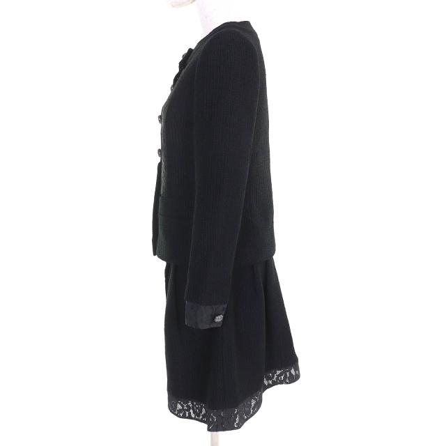 極美品△CHANEL シャネル P51026/P51112 ココボタン レース使い コットンツイード ノーカラージャケット スカート セットアップ 黒 36/38_1