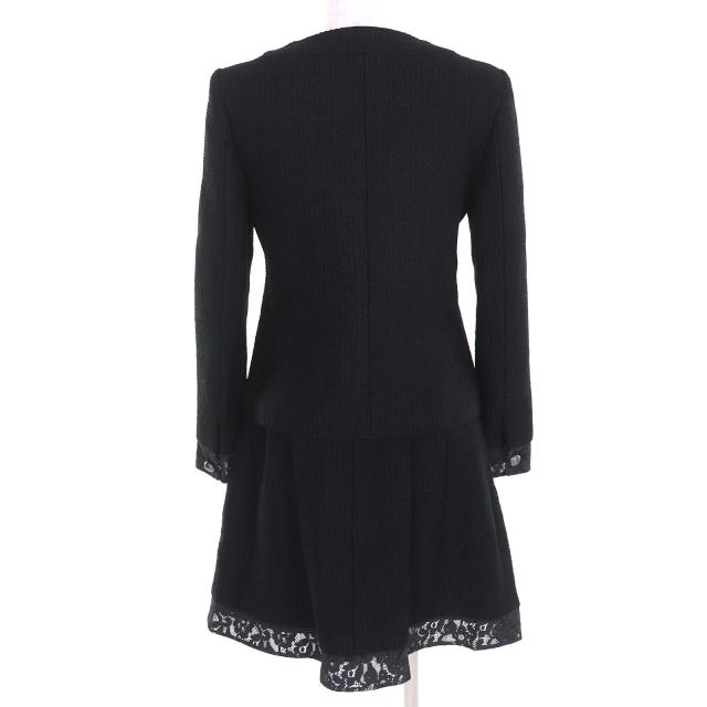 極美品△CHANEL シャネル P51026/P51112 ココボタン レース使い コットンツイード ノーカラージャケット スカート セットアップ 黒 36/38_2