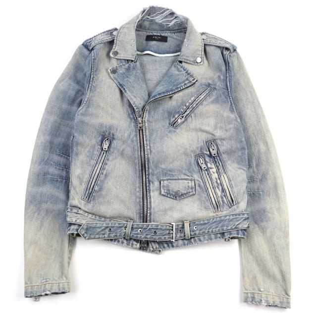 極美品○AMIRI アミリ Damage Denim Riders Jacket コットン ロゴ金具付き ダメージ加工 デニムジャケット ライトブルー 50 USA製 メンズ