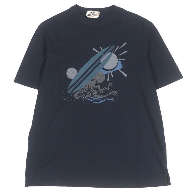 美品□HERMES エルメス 23SS Poulp Watch コットン100％ クルーネック カットソー 半袖Ｔシャツ ネイビー XS イタリア製 正規品 メンズ