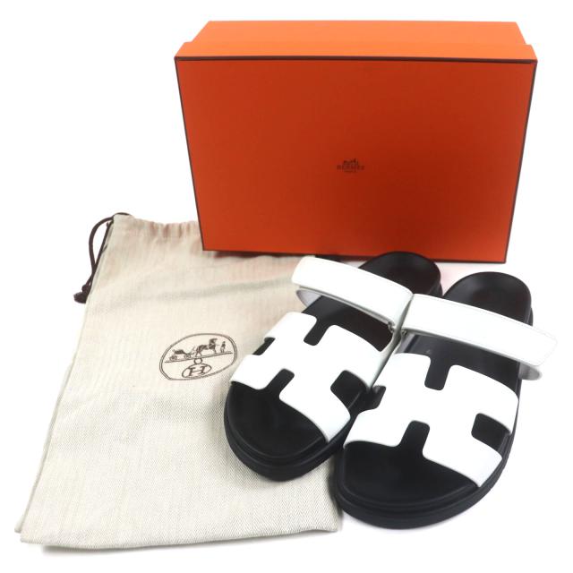 未使用品▼HERMES エルメス シプレ レザー Hロゴ ロゴ刻印入り ストラップ付き スライドサンダル ホワイト 40 箱・保存袋付 伊製 メンズ_1