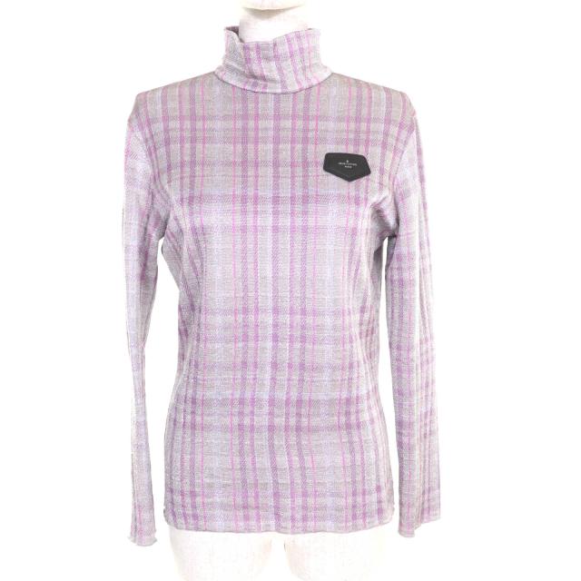 極美品★LOUIS VUITTON ルイヴィトン FHKL56SNW シルク混 レザーロゴパッチ付 ラメ入り チェック柄 ハイネック ニット マルチ S 正規品