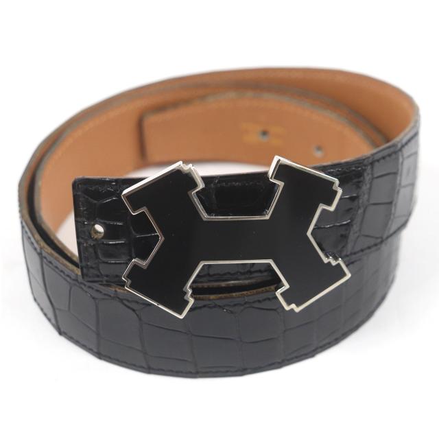 良品□HERMES エルメス ポロサス クロコダイル Hロゴバックル レザーベルト ブラック 90 〇W刻印 箱・保存袋付き フランス製 メンズ