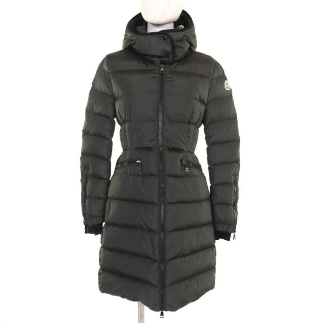 美品☆MONCLER モンクレール BETULONG ロゴワッペン・フード付 ZIP UP ダウンコート カーキ 0 正規品 レディース