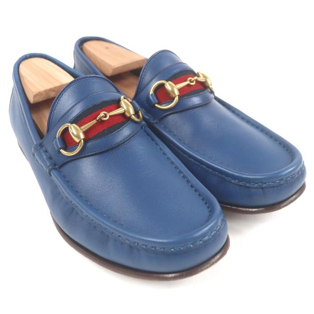 美品□GUCCI グッチ 1953 レザー ウェブライン ホースビット ゴールド金具 ローファー フラットシューズ モカシン ブルー 6 イタリア製 美品□GUCCI グッチ 1953 レザー ウェブライン ホースビット ゴールド