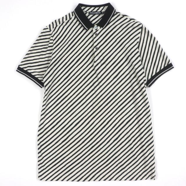 美品▼DOLCE&GABBANA ドルチェ＆ガッバーナ 黒タグ ストライプ柄 バックレザーロゴプレート ショートスリーブ 半袖ポロシャツ　52 正規品